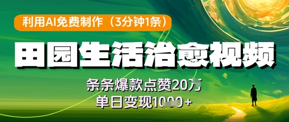 利用AI免费制作田园生活治愈视频，条条爆款点赞20W，单日变现几张-生财有术官方网站