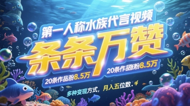 第一人称水族代言视频，条条万赞，20条作品涨粉7.8W，多种变现方式月入五位数-生财有术官方网站