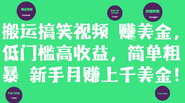 搬运搞笑视频挣美金，低门槛高收益，简单粗暴新手月入上千美刀-生财有术官方网站