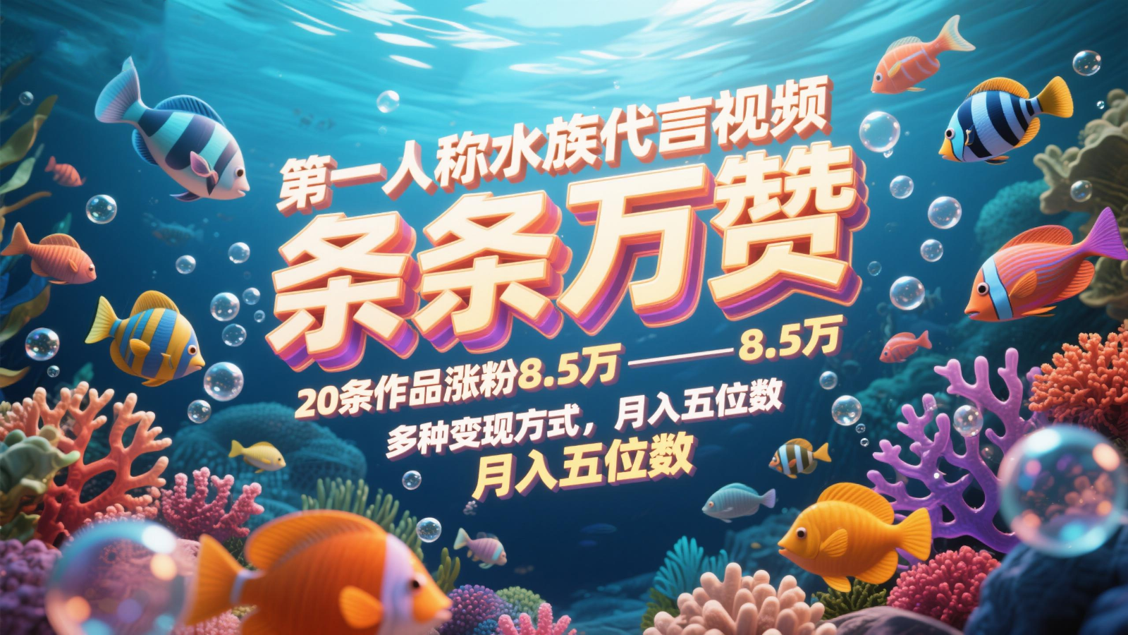 第一人称水族代言视频，条条万赞，20条作品涨粉8.5万，多种变现方式月，入五位数-生财有术官方网站
